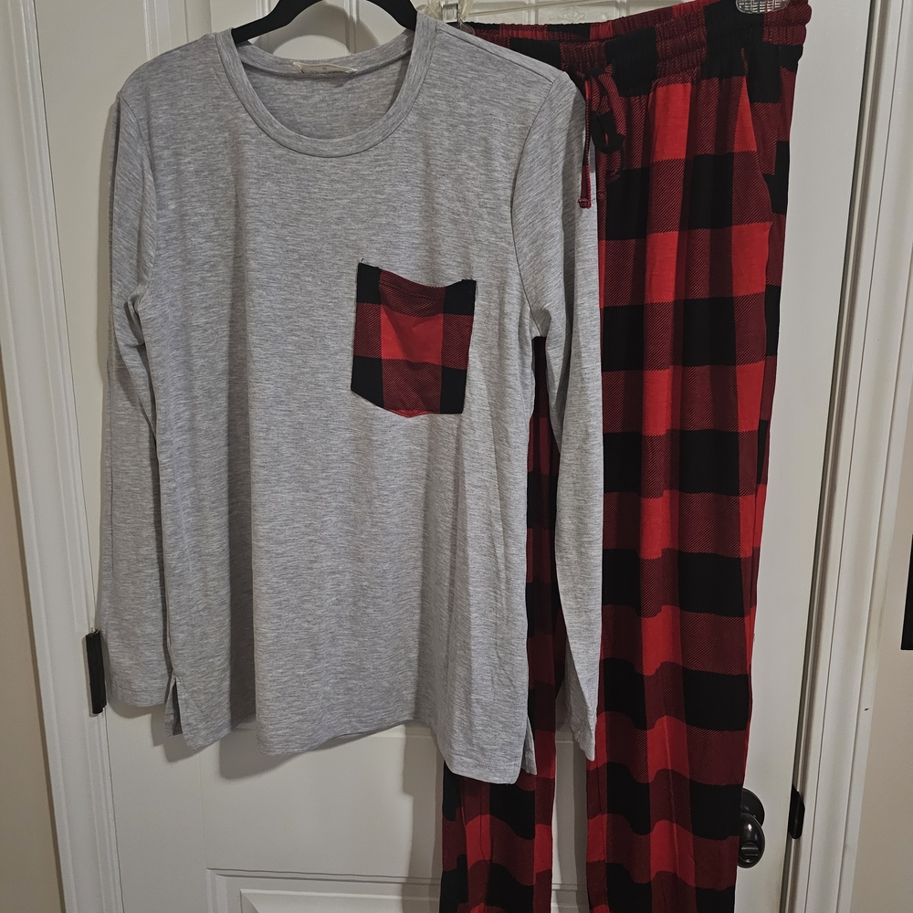 Zenana Outfitters Gray Top with Red and Black Plaid Pajama Set